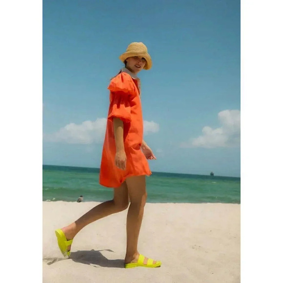 Margo Baridon Sienna Mini Shirt Dress Size Small Orange Puff Sleeve $298 - Picture 3 of 14